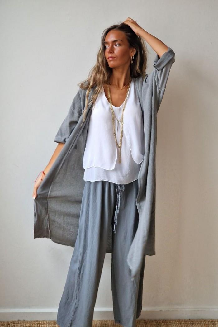 Kimono azul tipo lino con manga tres cuartos