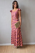 Conjunto top y falda de rayas berenjena