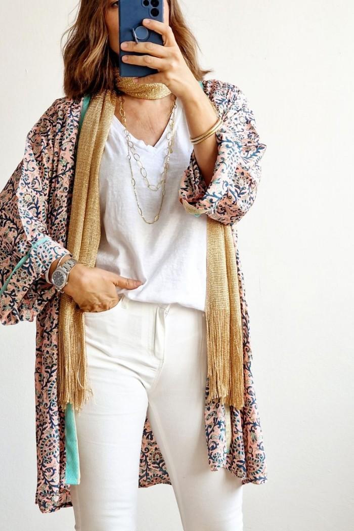 Kimono estampado rosa, verde y dorado