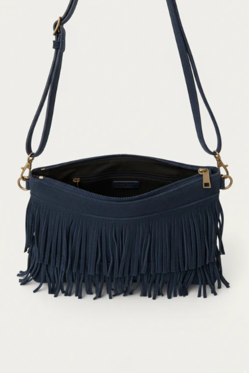 Bolso sobre de ante con flecos verde azul marino