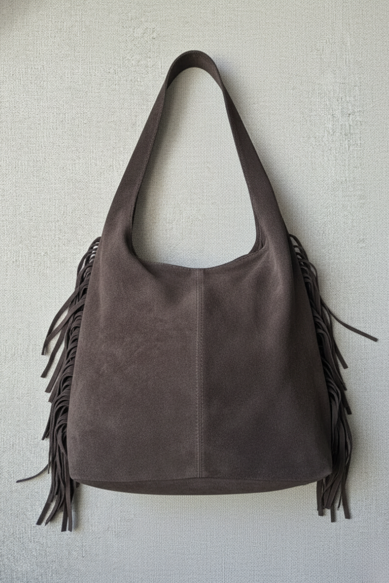 Bolso de Piel con Flecos Chocolate - Estilo Boho
