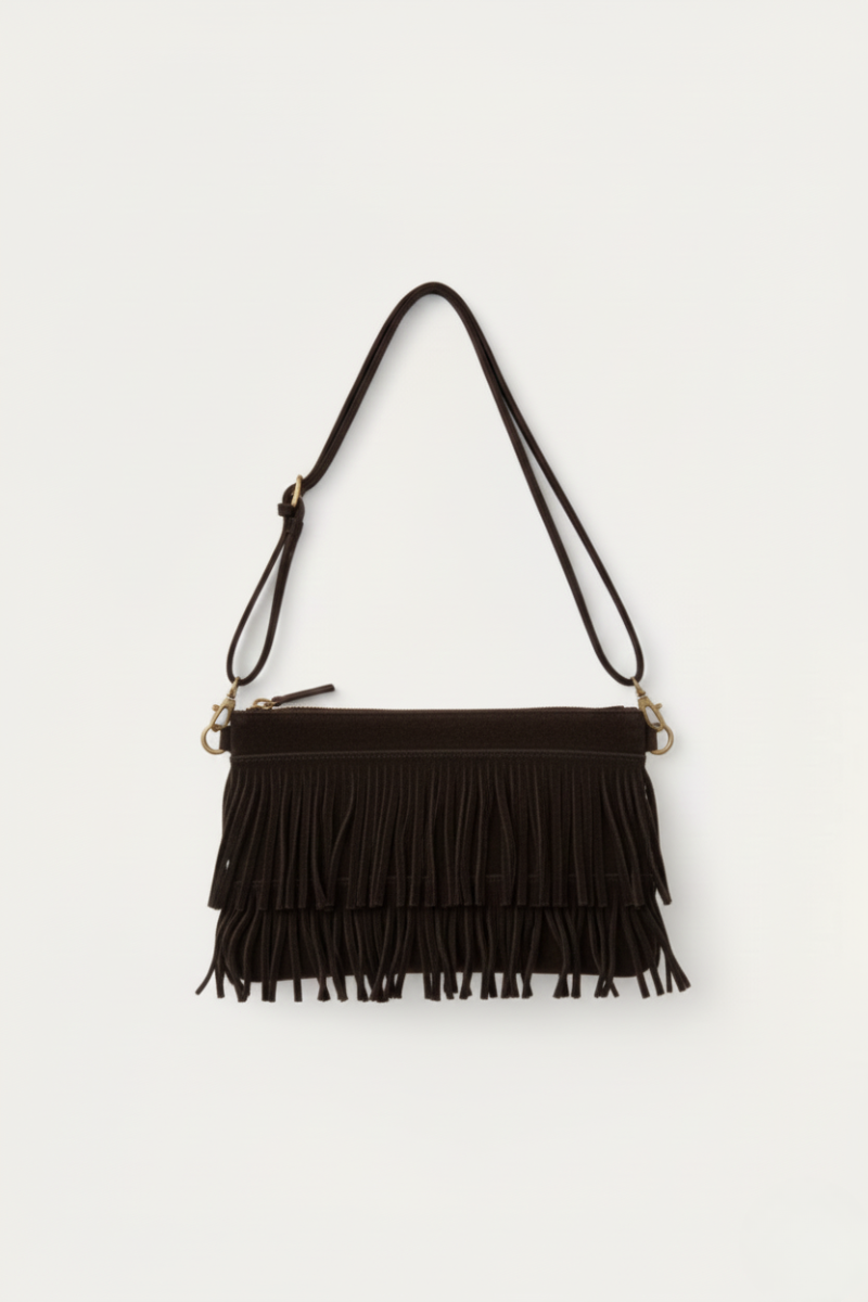 Bolso sobre de ante con flecos marrón chocolate