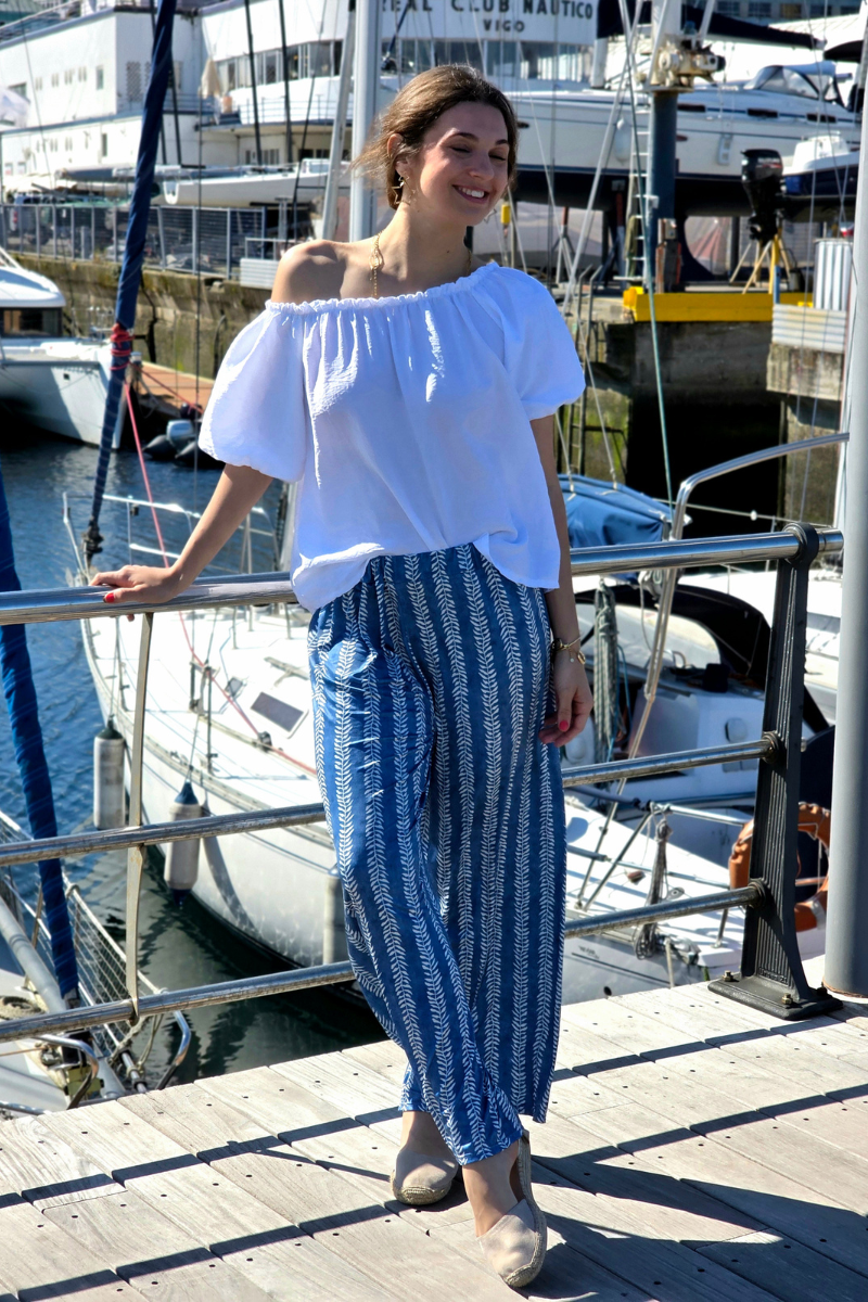 Pantalón Elástico Estampado Hojas Azul Jeans
