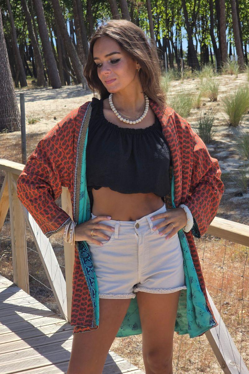 Kimono indio reversible en tonos verde esmeralda