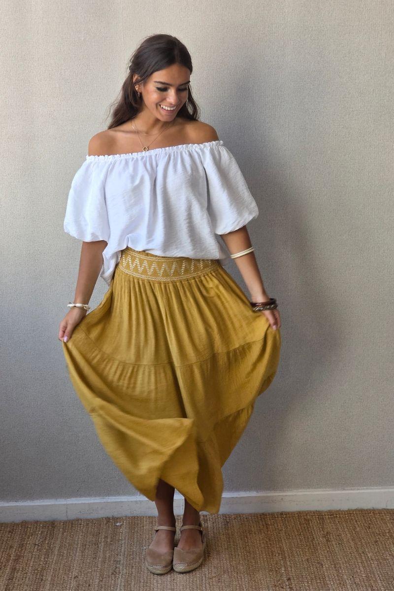 Falda bámbula zigzag mostaza