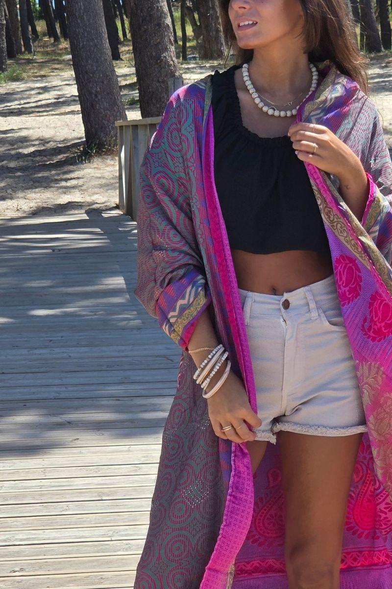 Kimono indio reversible en tonos fucsia
