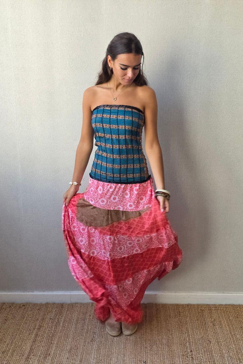 Vestido palabra de honor con telas idias rosa