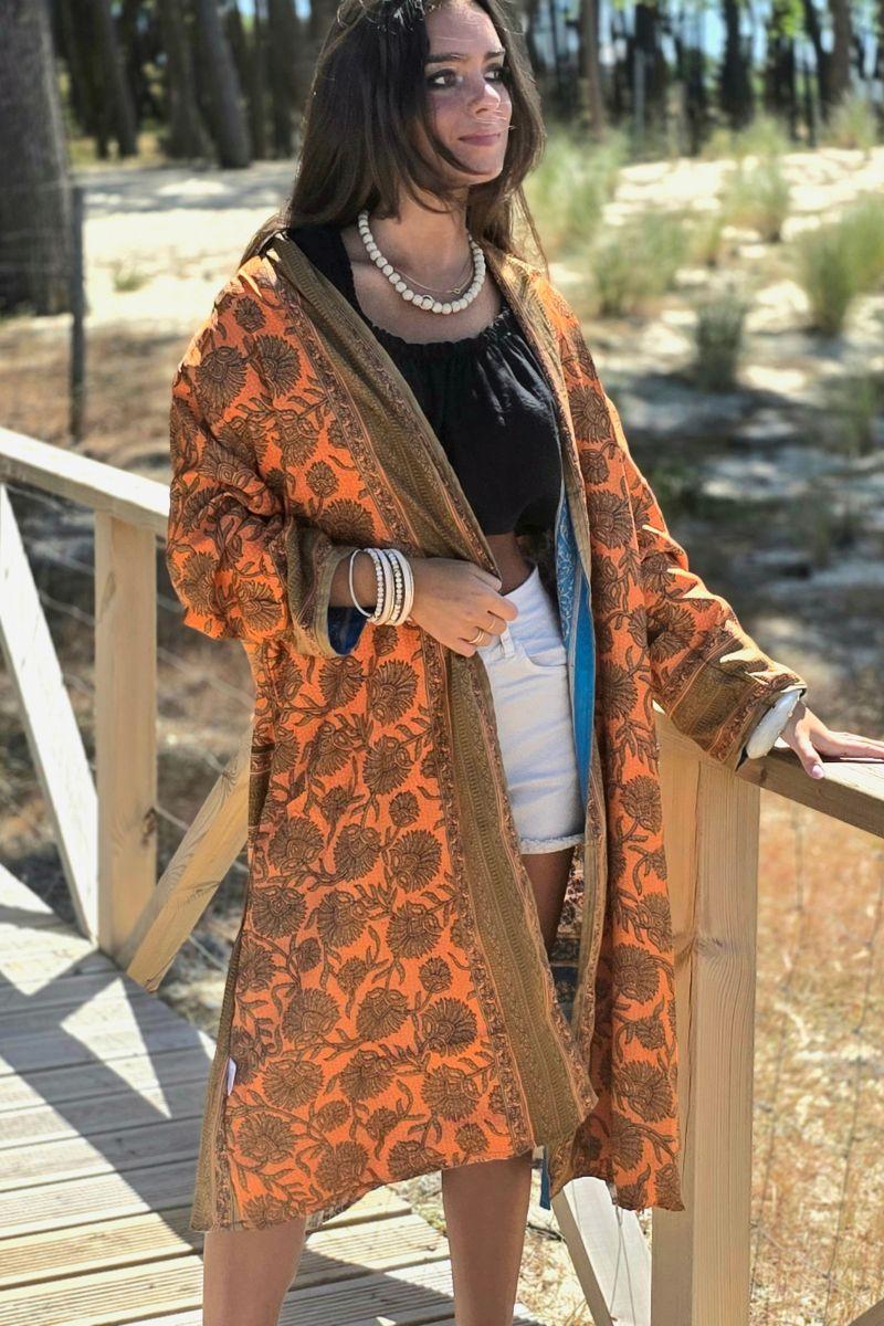 Kimono largo reversible indio estampado beige y naranja