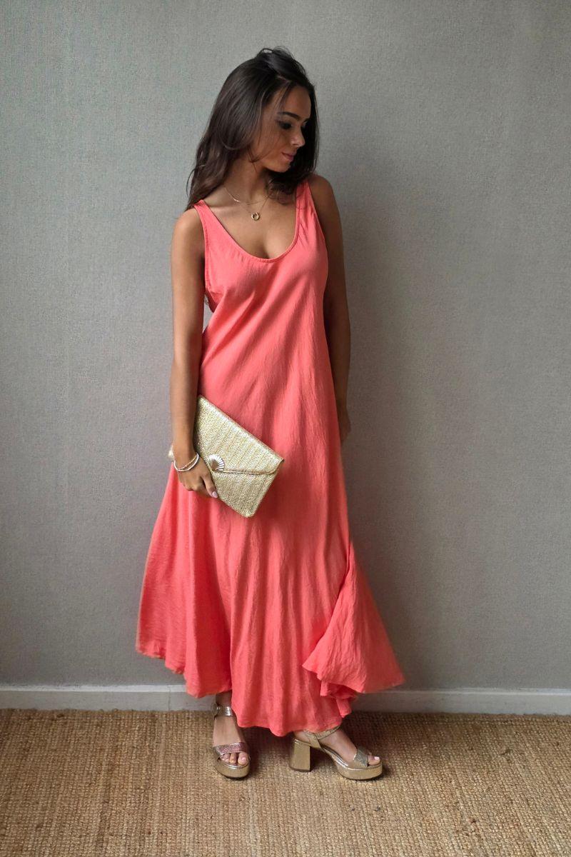 Vestido largo de asas al bies coral