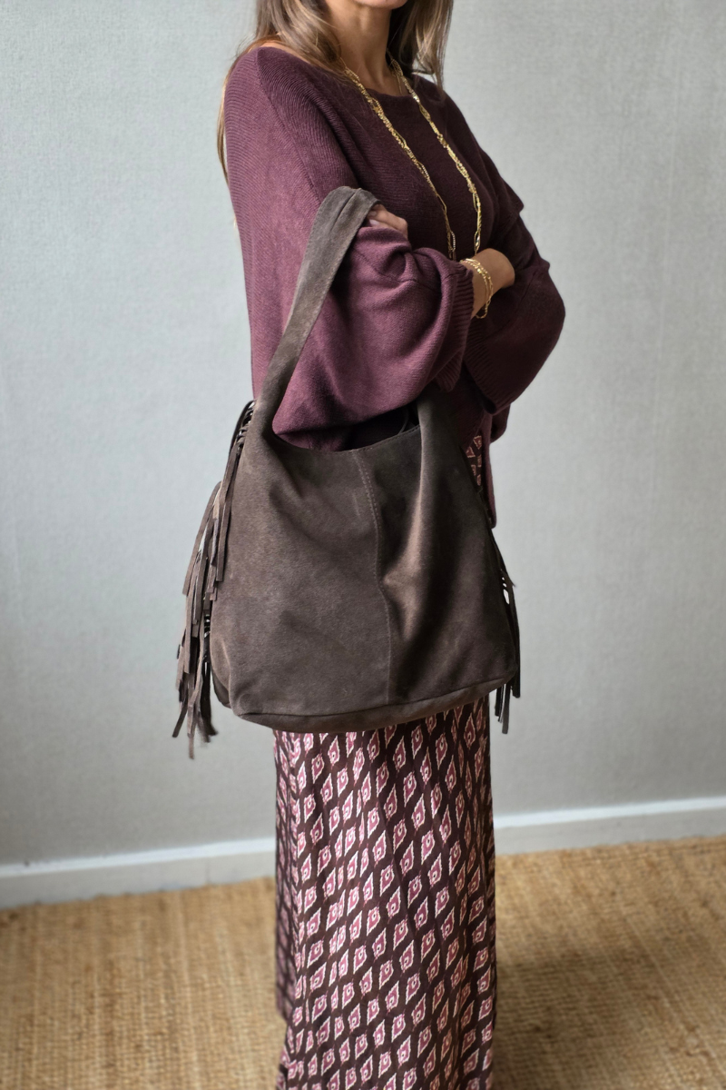 Bolso de Piel con Flecos Chocolate - Estilo Boho