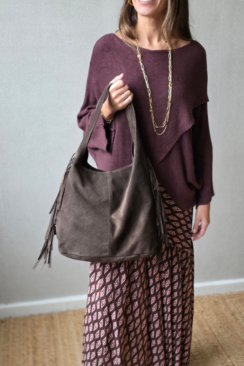 Bolso de Piel con Flecos Chocolate - Estilo Boho