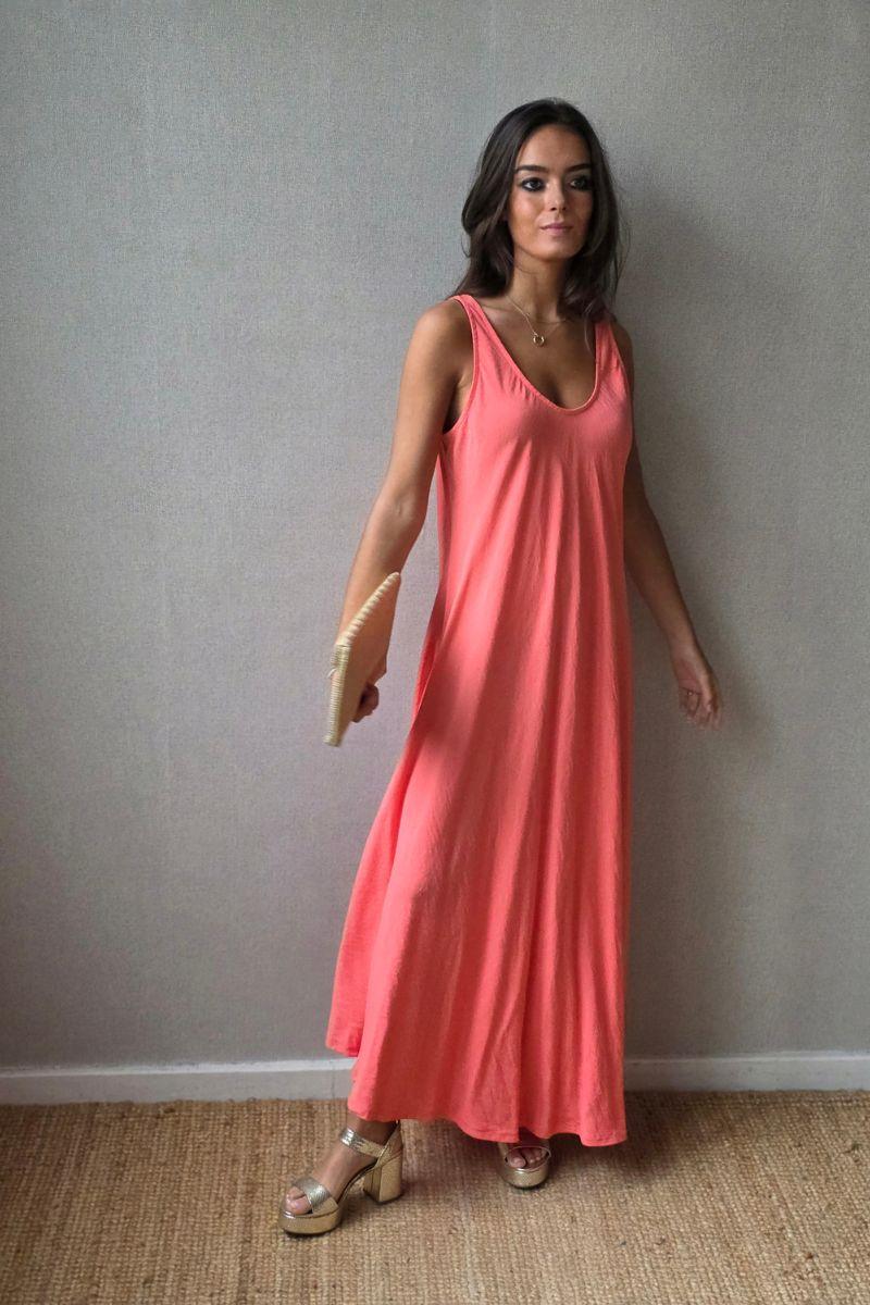 Vestido largo de asas al bies coral