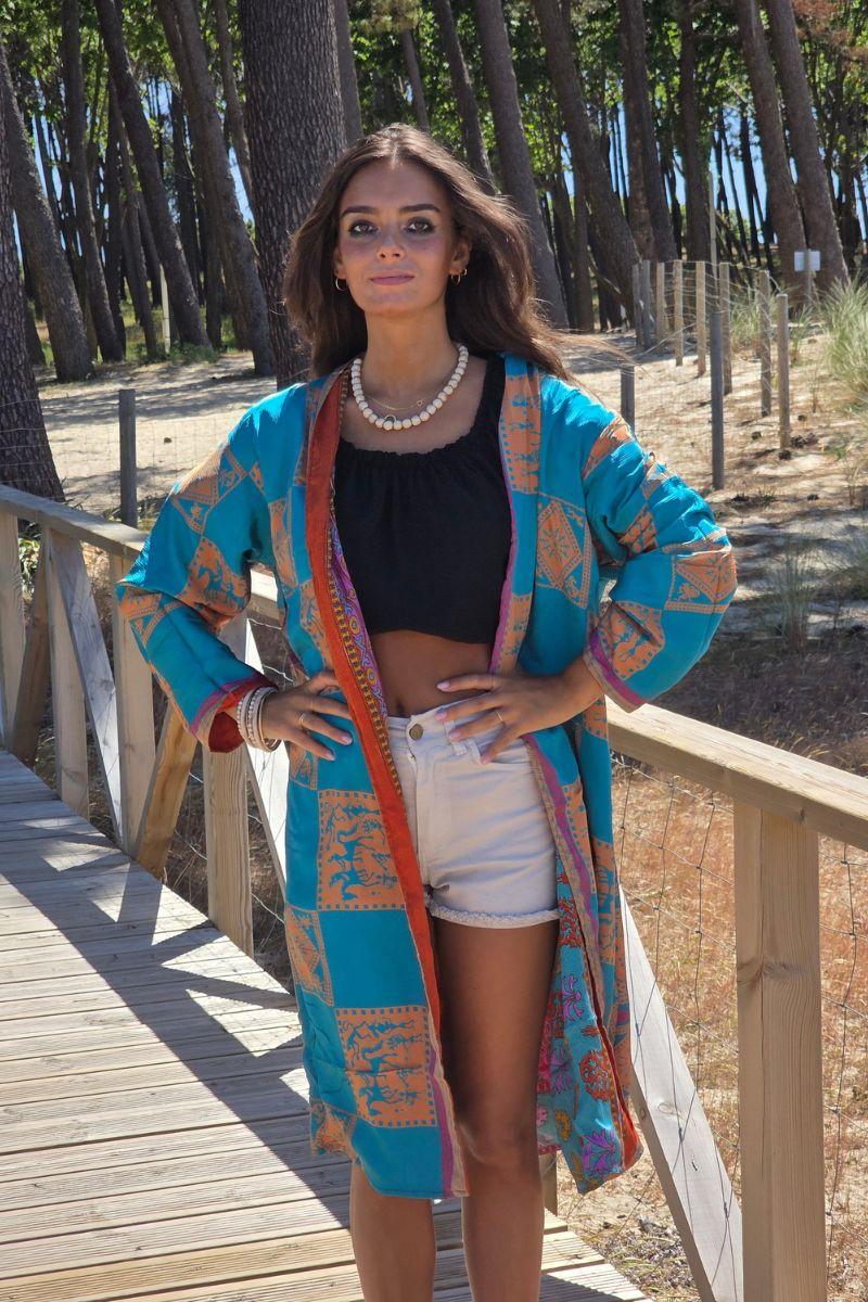 Kimono indio reversible en tonos turquesa