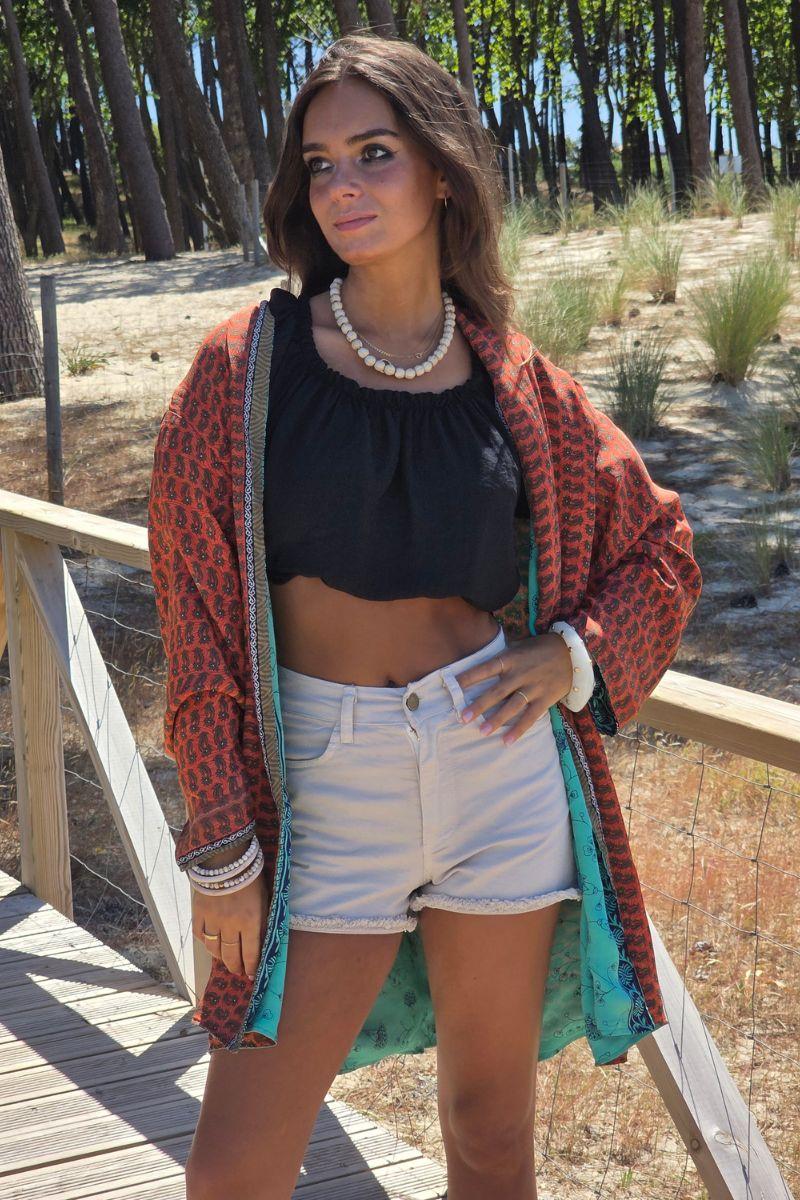 Kimono indio reversible en tonos verde esmeralda