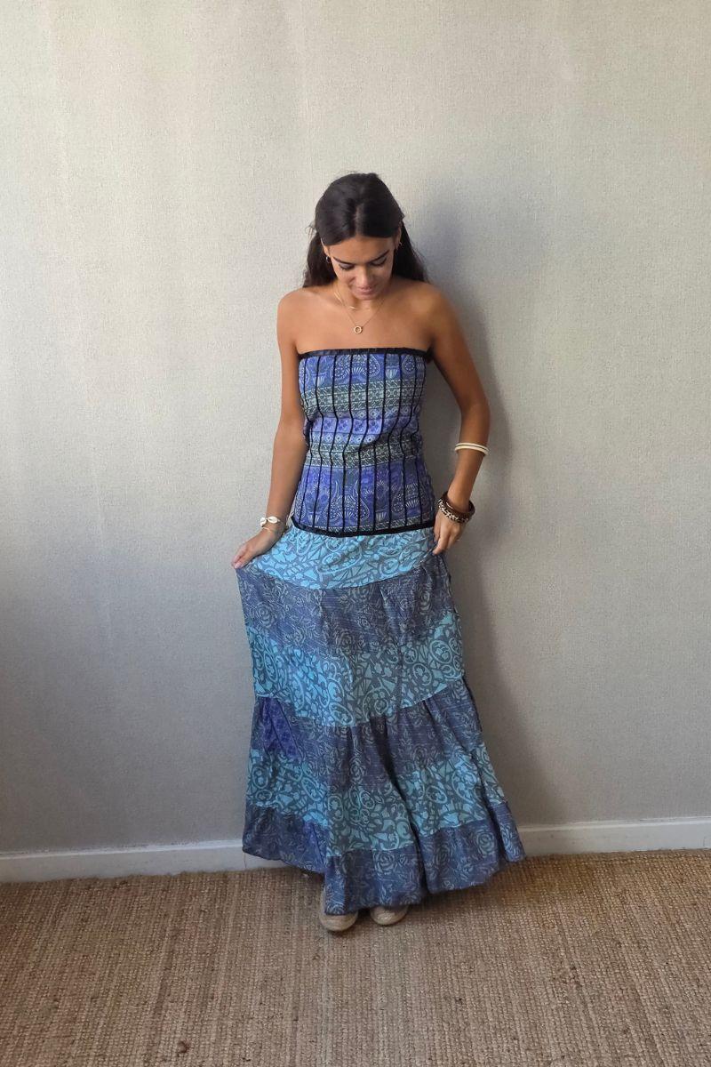 Vestido palabra de honor con telas Indias turquesa
