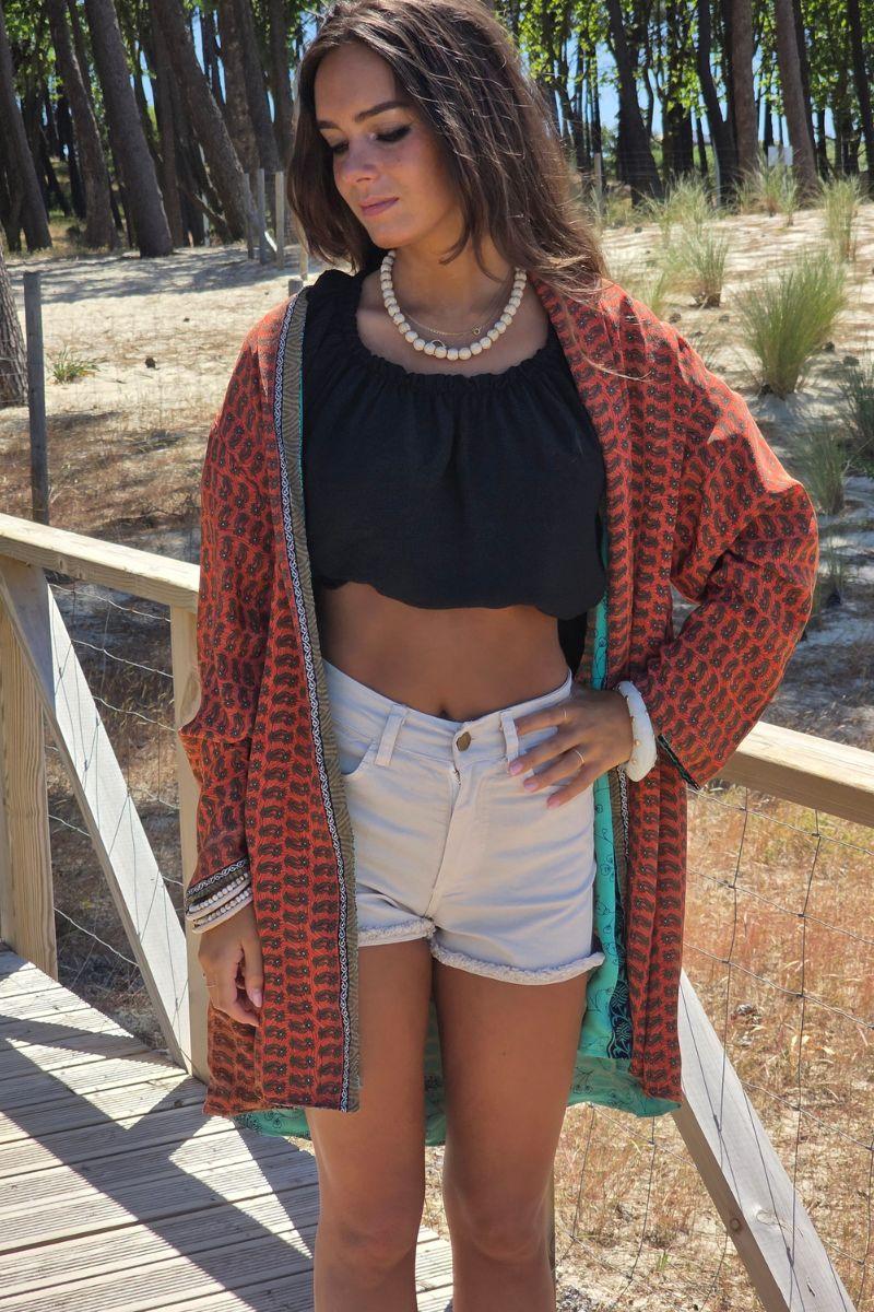 Kimono indio reversible en tonos verde esmeralda