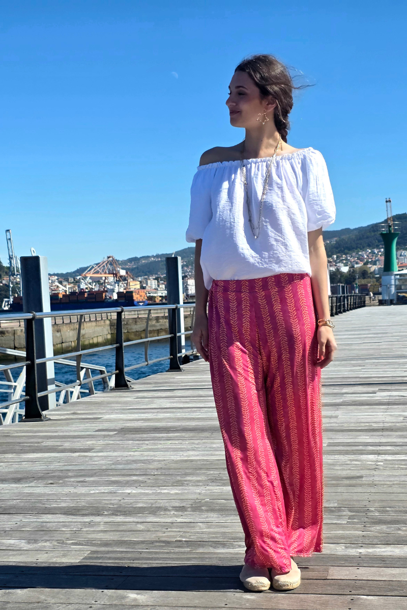 Pantalón Elástico Estampado Hojas Fucsia