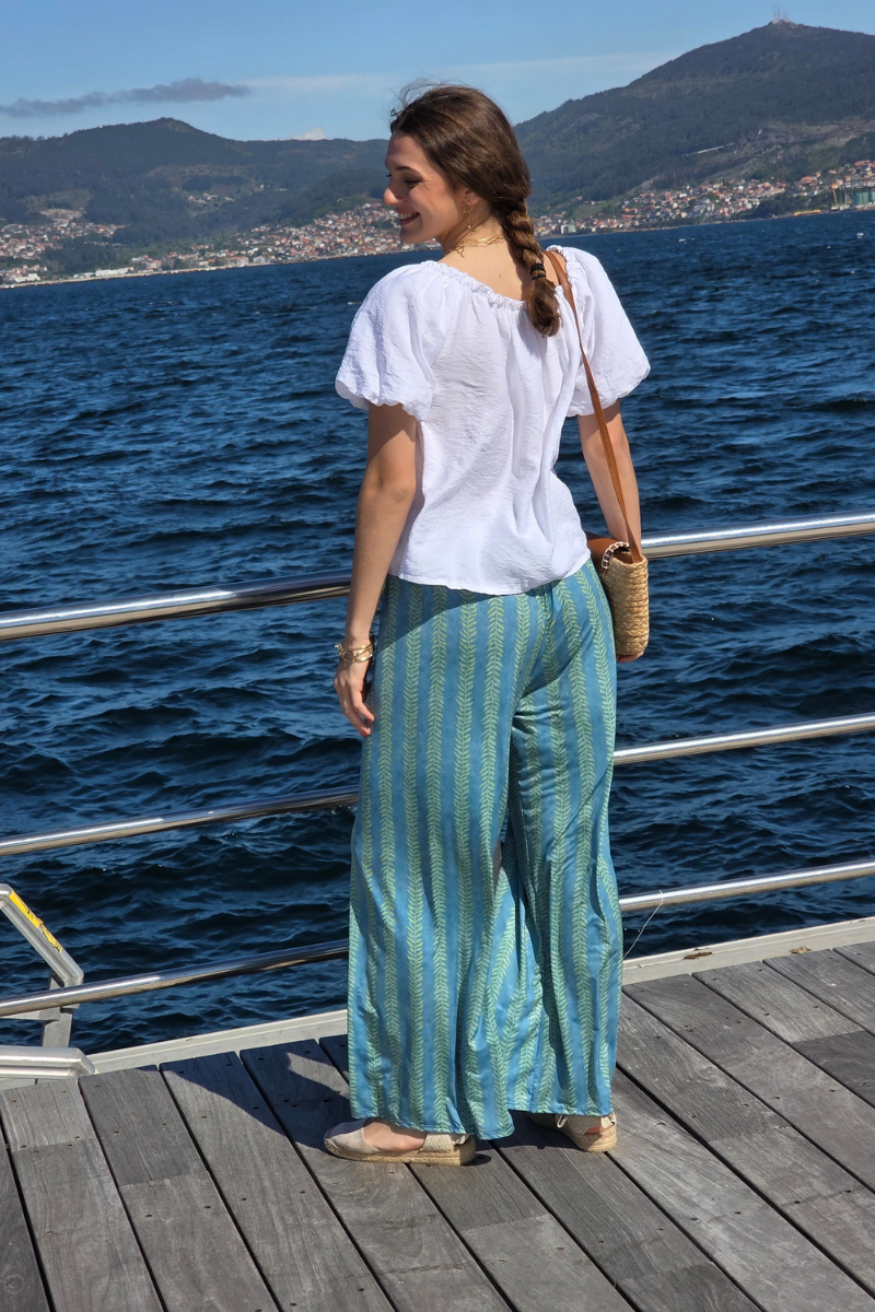 Pantalón Elástico Estampado Hojas Verde