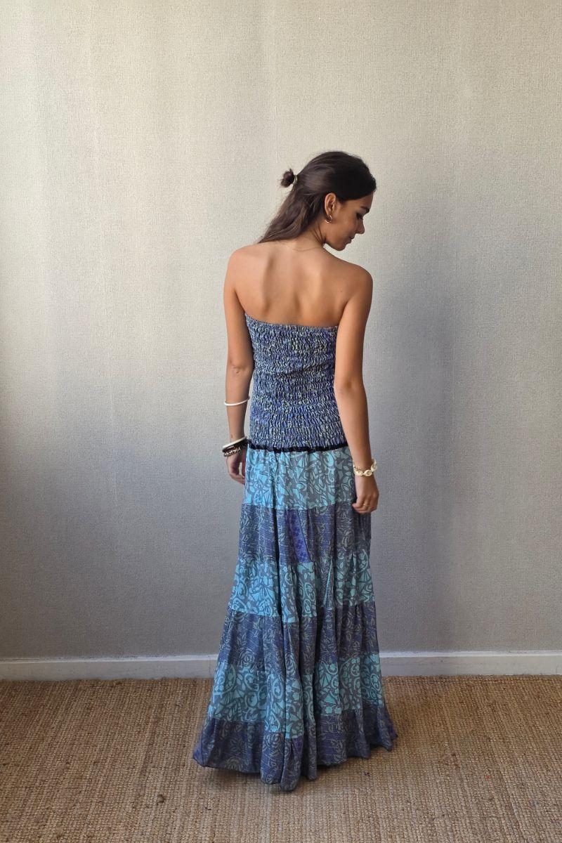 Vestido palabra de honor con telas Indias turquesa