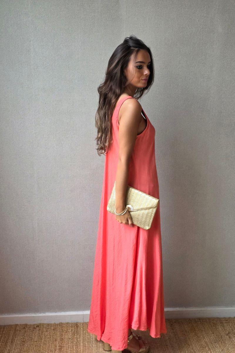 Vestido largo de asas al bies coral