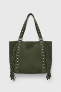 Bolso serraje con tachas y flecos verde militar