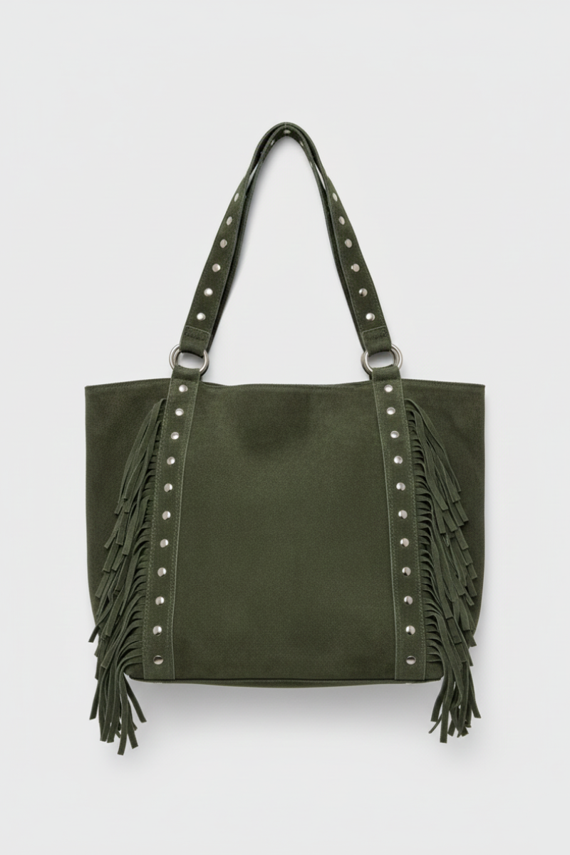 Bolso serraje con tachas y flecos verde militar