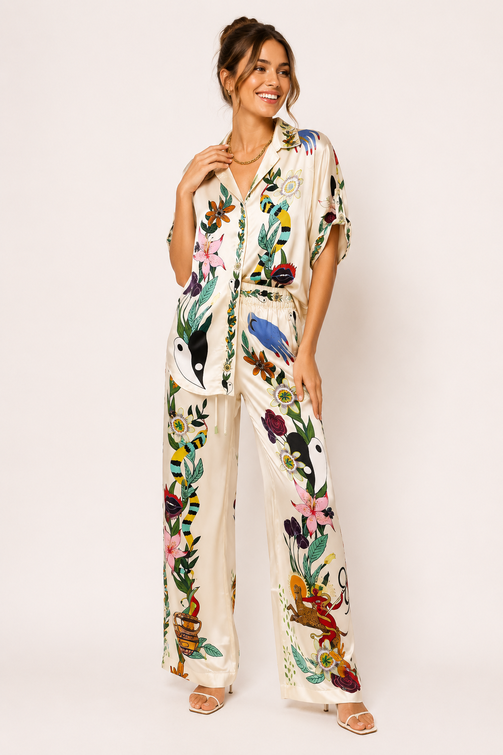 Conjunto mujer estampado tropical pantalón ancho - Anika