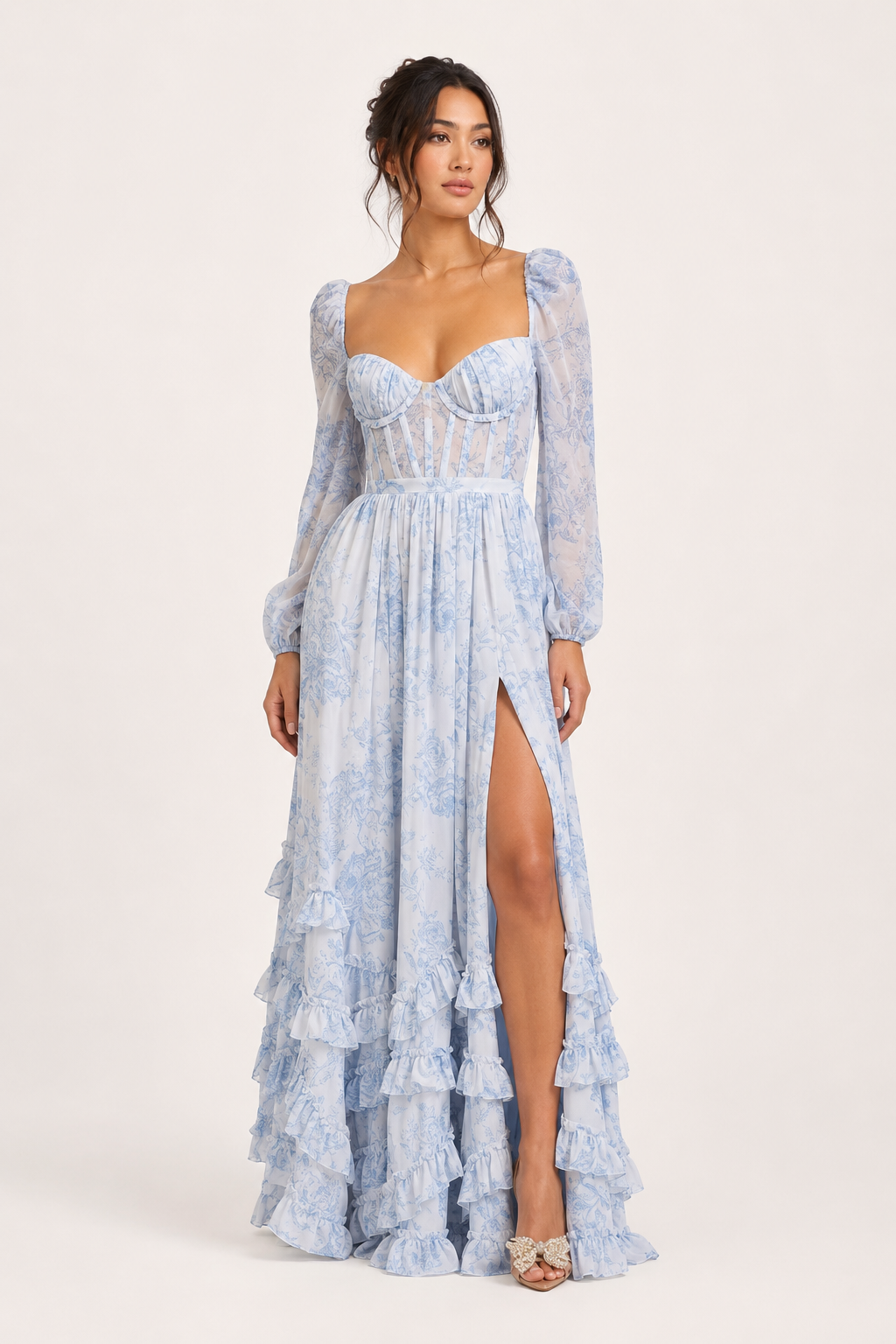 Vestido largo elegante floral mujer manga larga - Romy