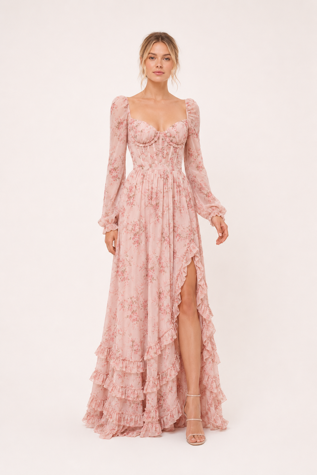 Vestido largo elegante floral mujer manga larga - Romy