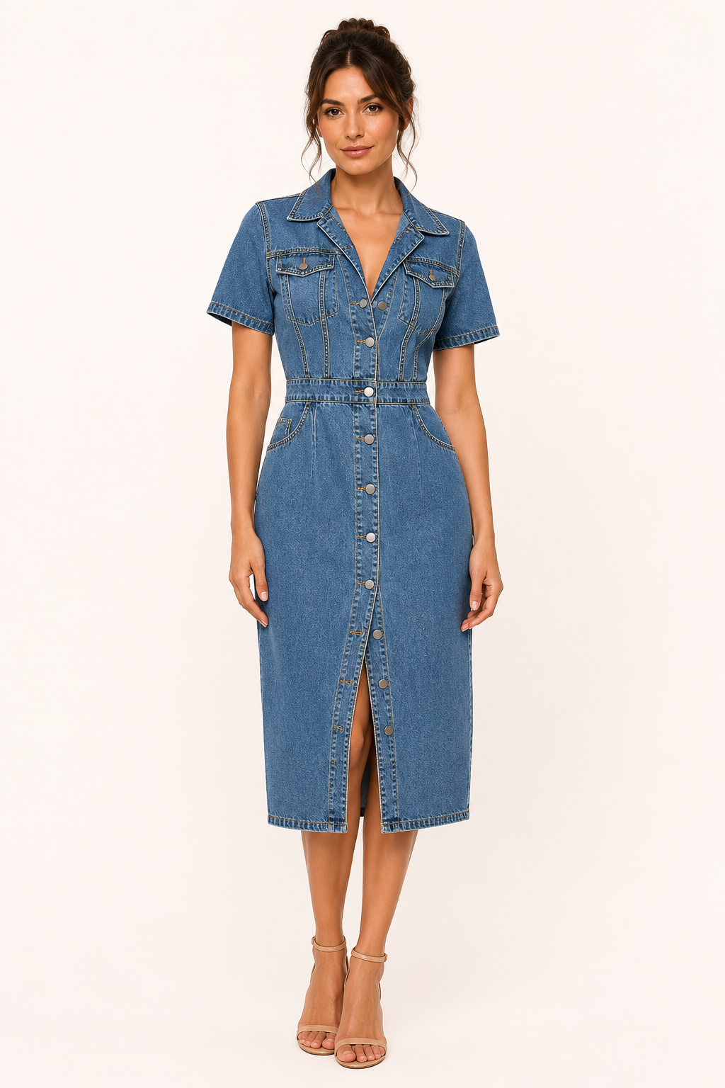Vestido midi mujer denim botones ajuste entallado - Elara