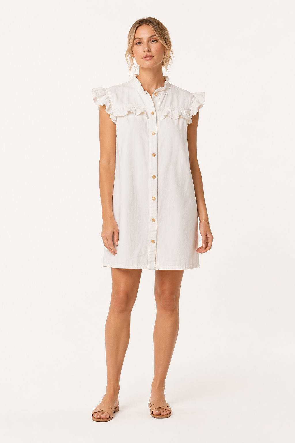 Vestido corto mujer denim volantes botones casual - Meike