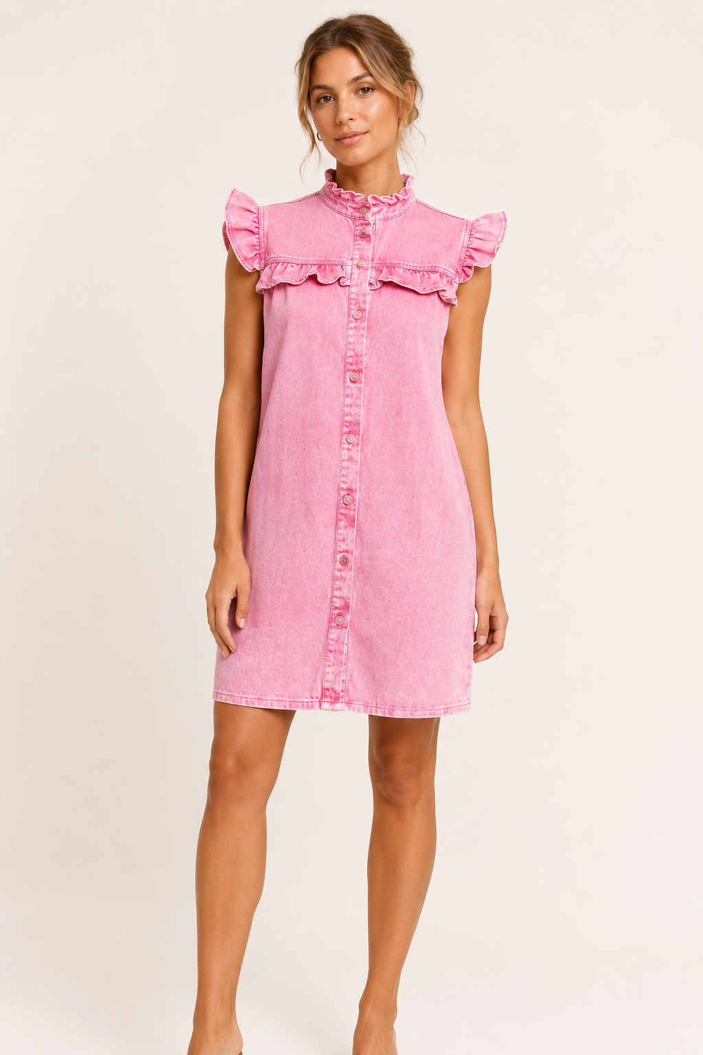 Vestido corto mujer denim volantes botones casual - Meike