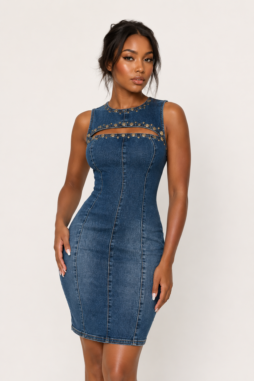 Vestido denim corto mujer detalles metálicos - mirellaGalery