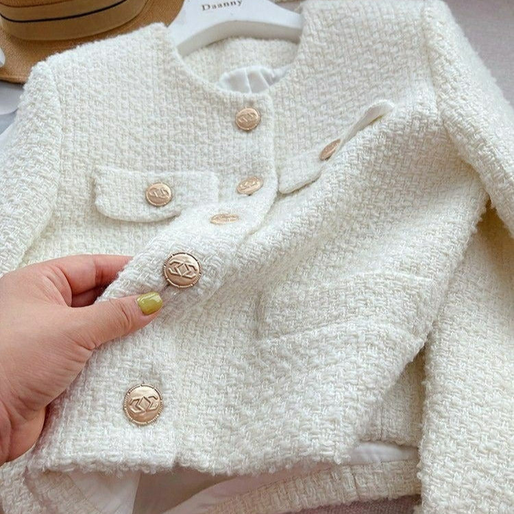 Chaqueta corta mujer tejido bouclé diseño clásico con botones joya - Noelle