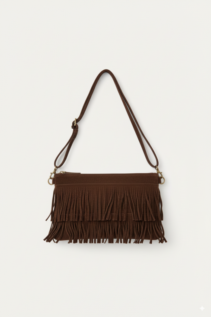 Bolso sobre de ante con flecos marrón
