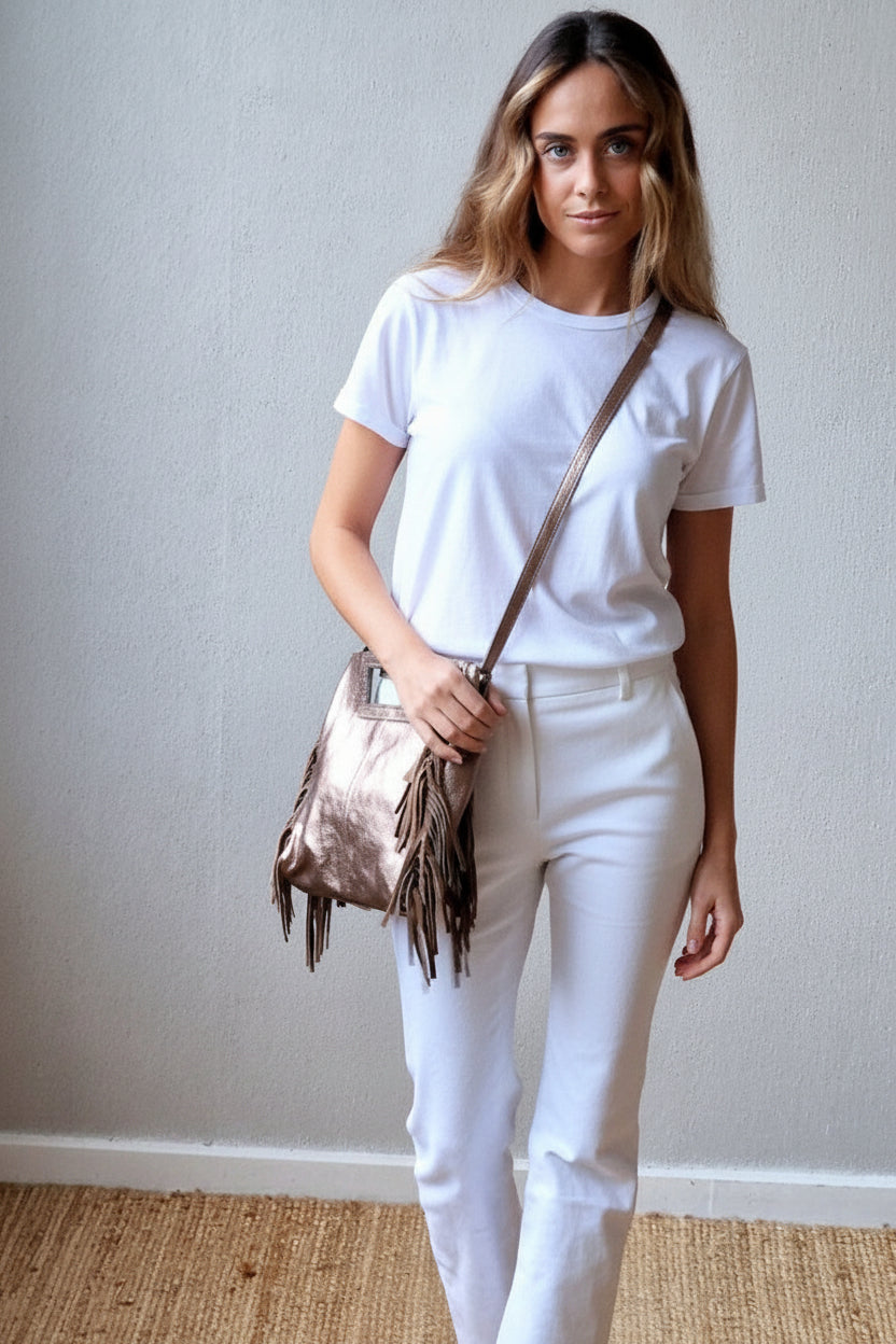 Bolso de piel con flecos cobre metalizado
