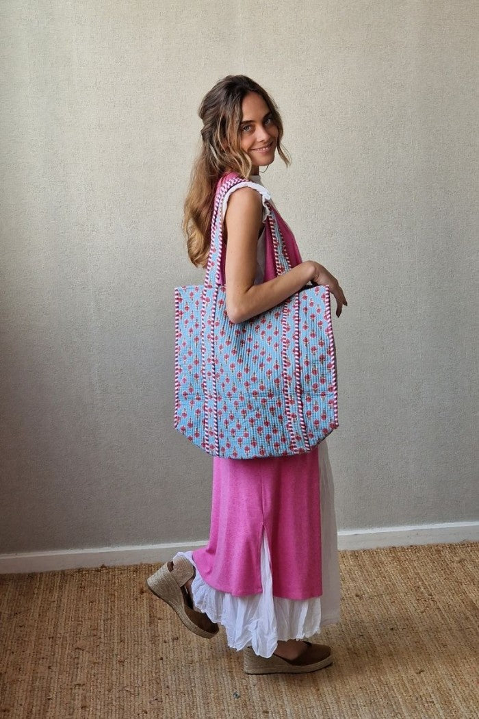 Bolso indio reversible azul flores y rayas fucsia