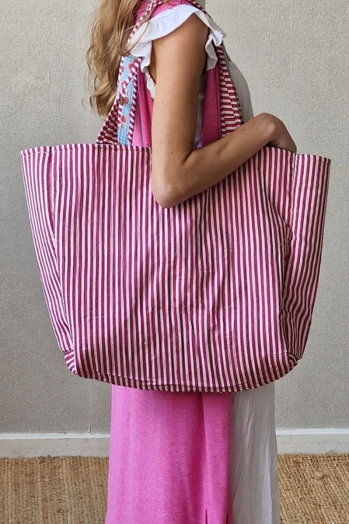 Bolso indio reversible azul flores y rayas fucsia