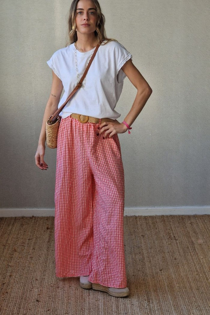 Pantalón vichy con cinturón coral
