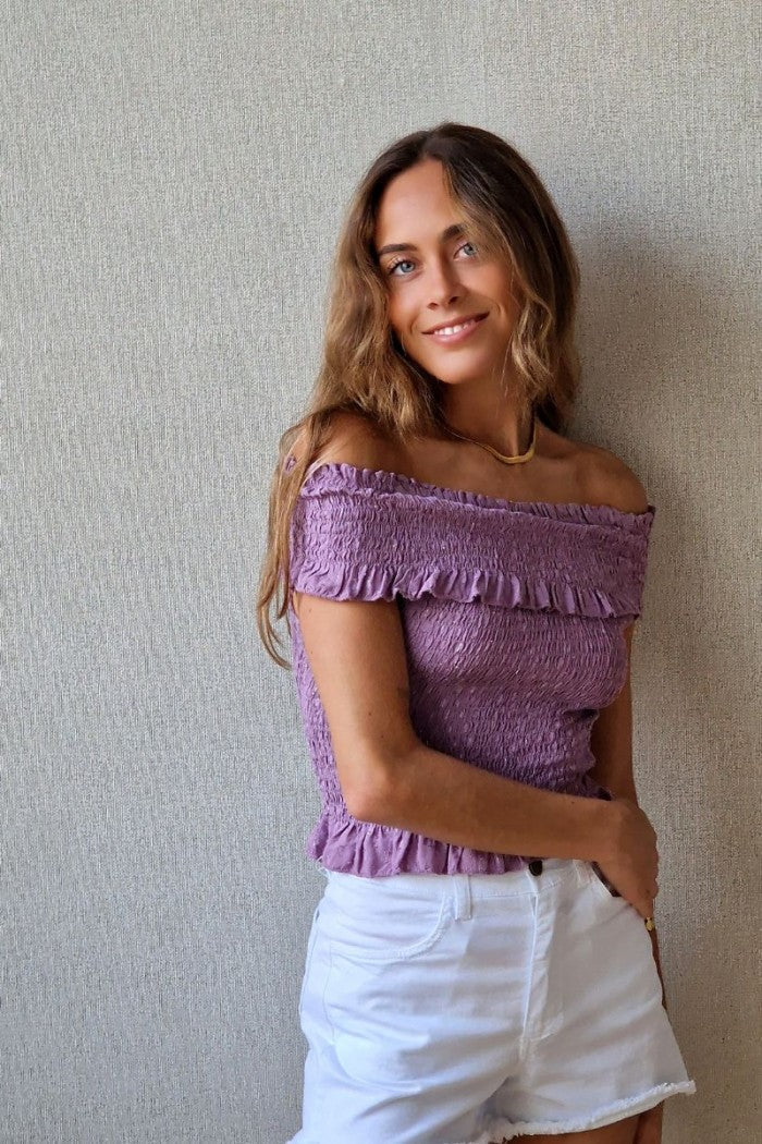 Top nido de abeja y  palabra de honor lurex lila
