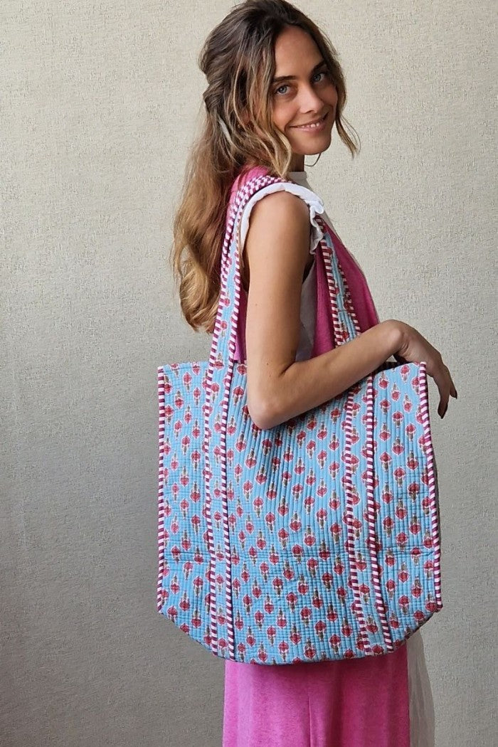 Bolso indio reversible azul flores y rayas fucsia