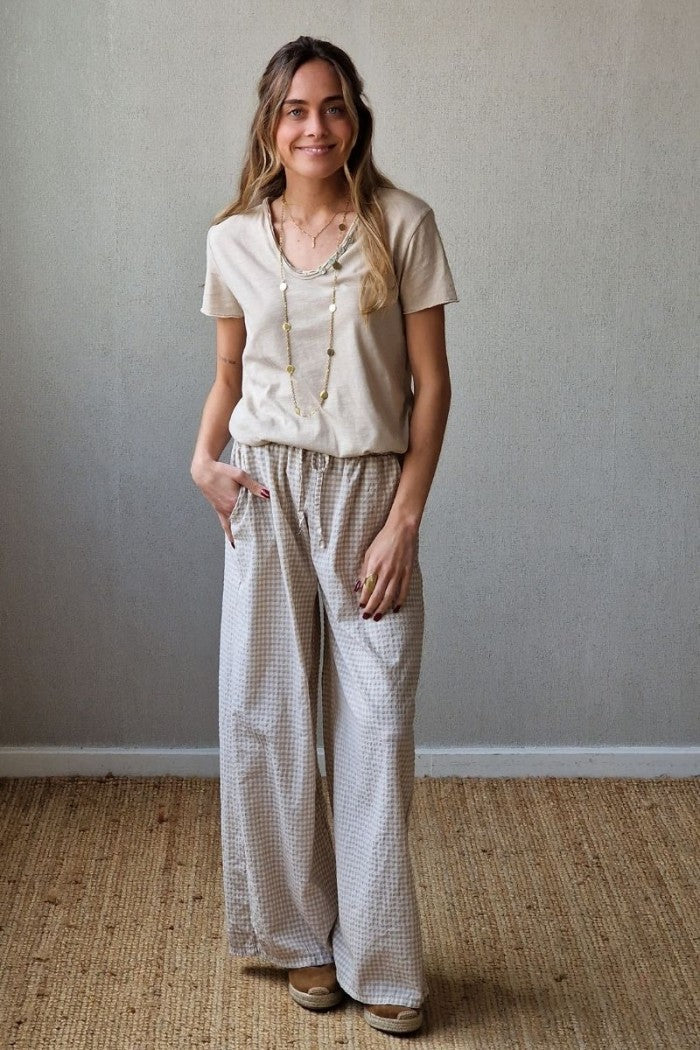Pantalón cuadros vichy beige