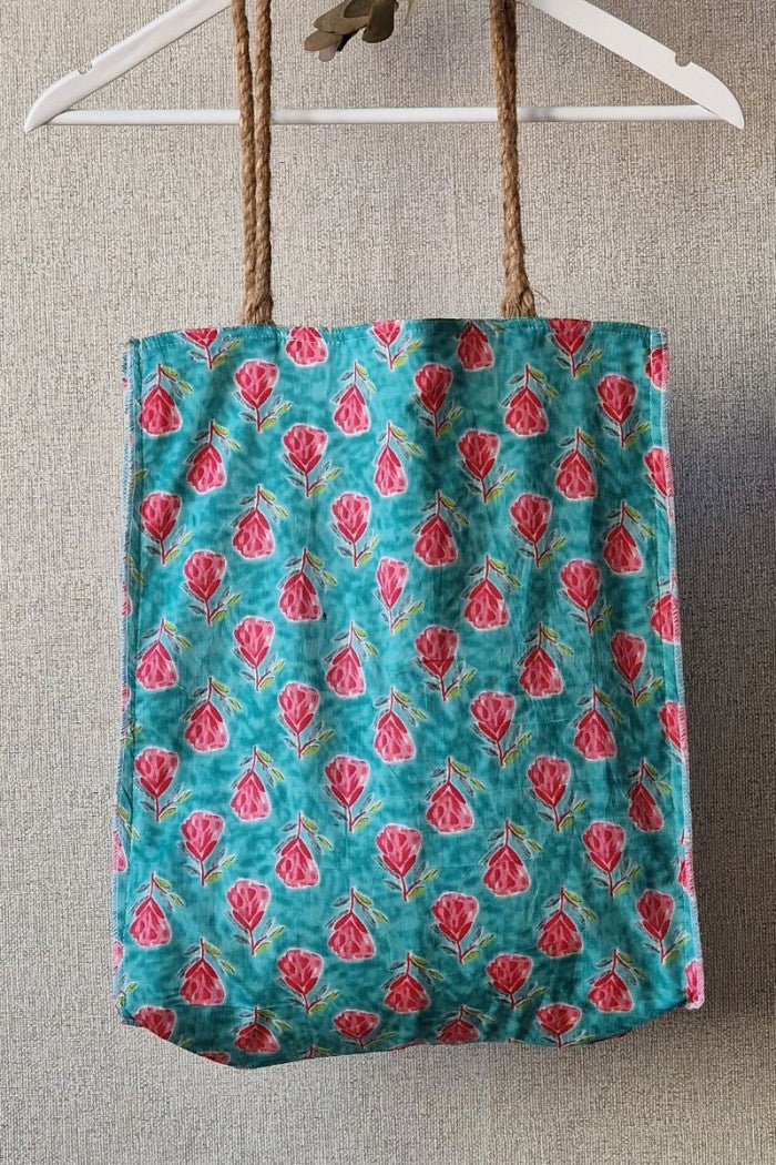 Bolso telas indias y yute turquesa