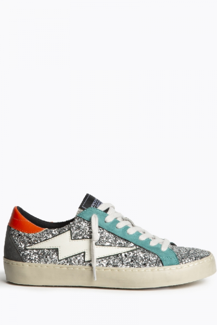 Zapatilla rayo con detalle glitter plata y naranja