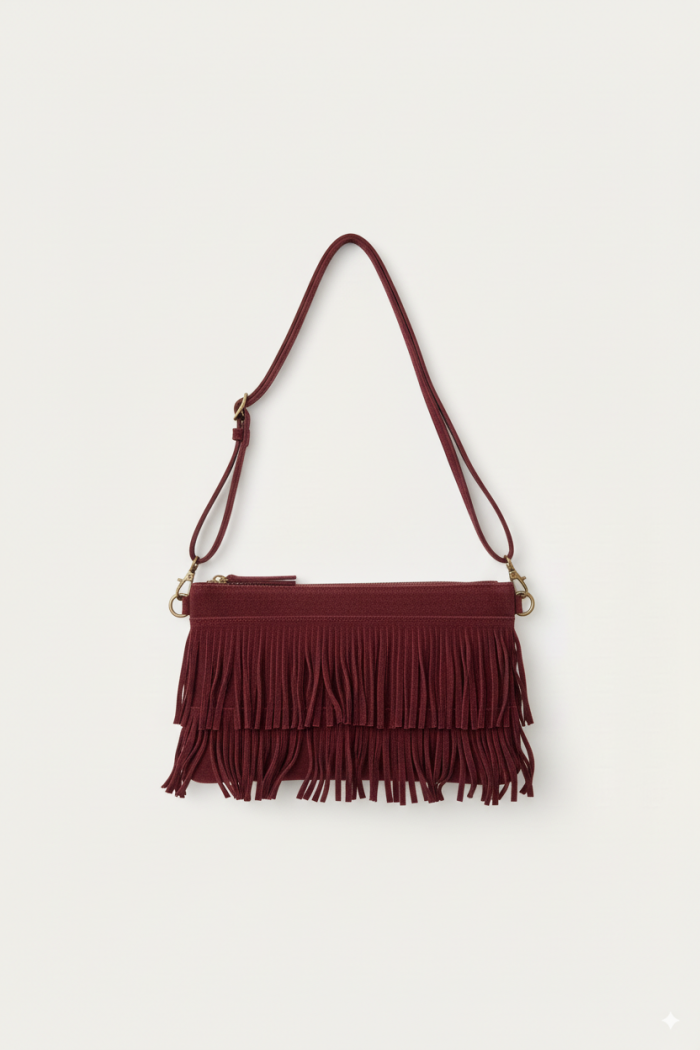 Bolso sobre de ante con flecos  granate