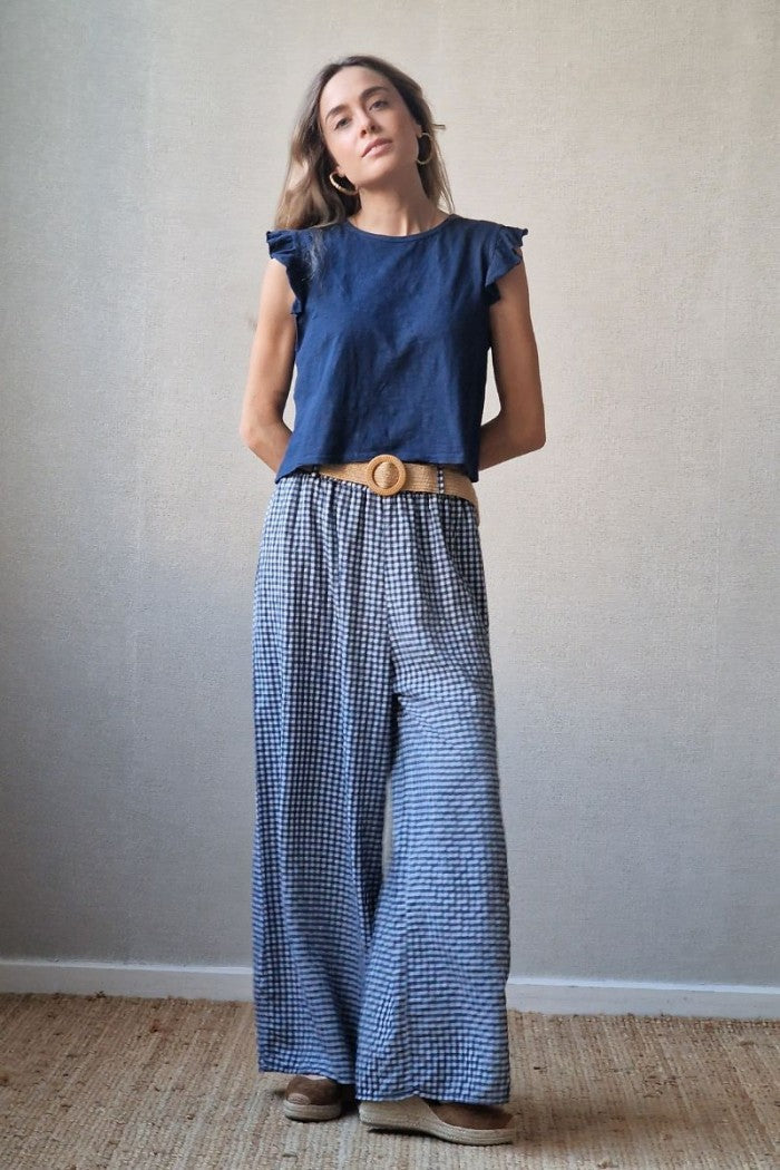 Pantalón con gomas de vichy azul marino