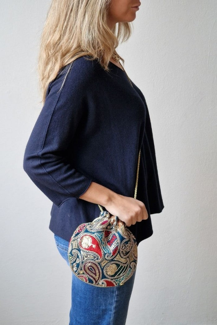 Bolso bombonera estampado cachemire azul petróleo