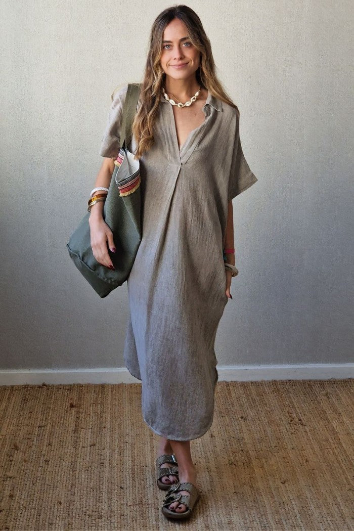 Vestido kaftan tipo lino topo