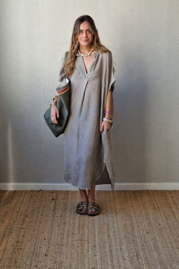 Vestido kaftan tipo lino topo
