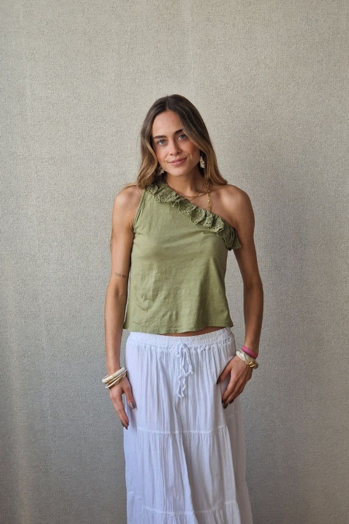 Top asimétrico volante bordado verde militar